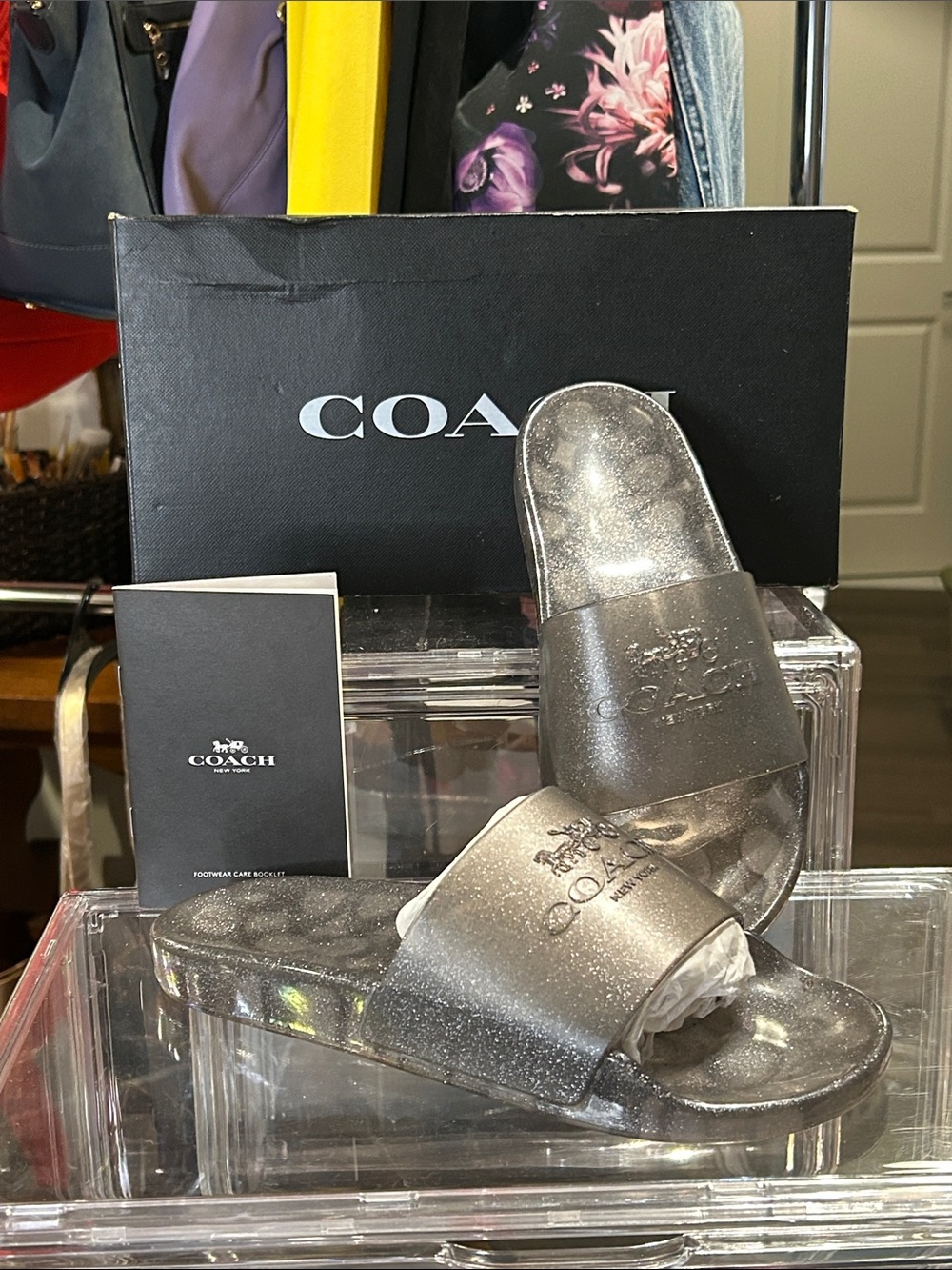 Coach Ulyssa Black Metallic Glitter Rubber Slide/Sandal Size 7B NIB